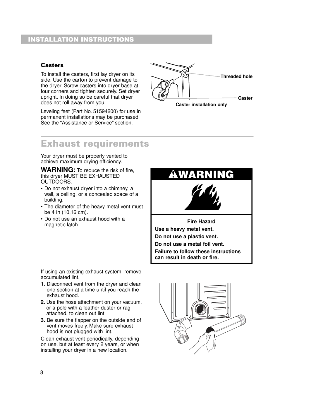 Whirlpool LDR3822HQ0 installation instructions Exhaust requirements, Casters 