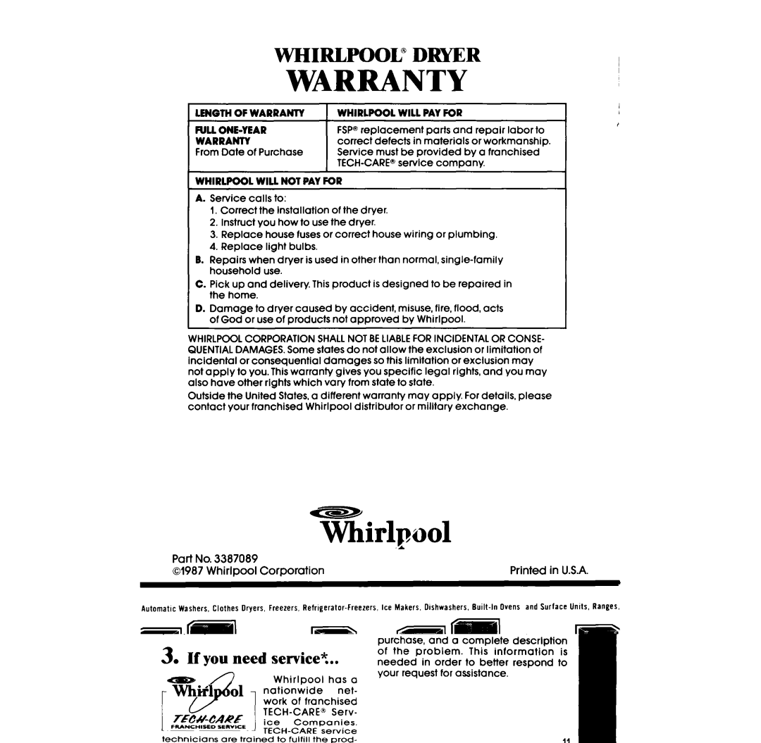 Whirlpool LE2OOOXS manual Warranty 