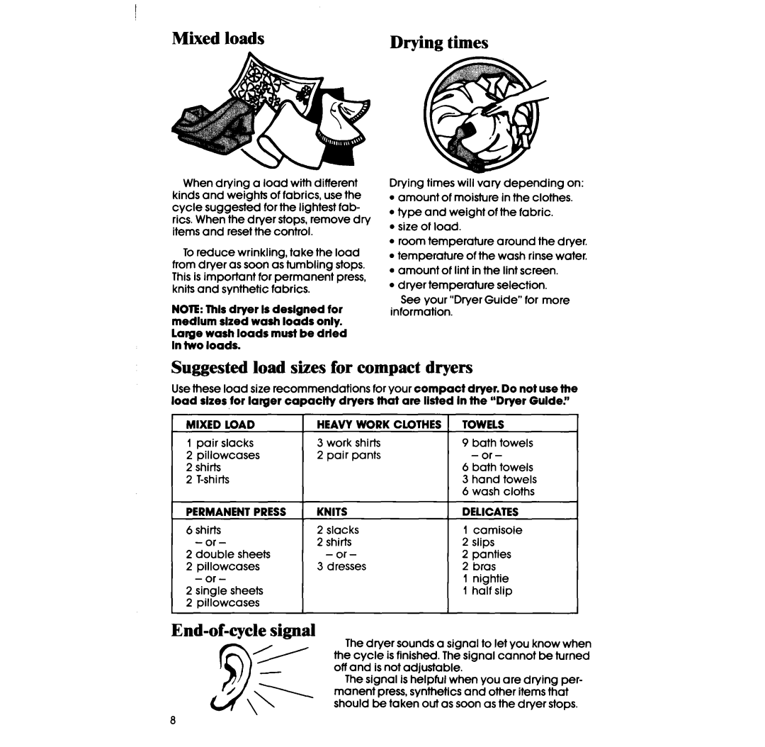 Whirlpool LE2OOOXS manual Mixed loads, Suggested load sizes for compact dryers, Heavy Work Clothes Towels 