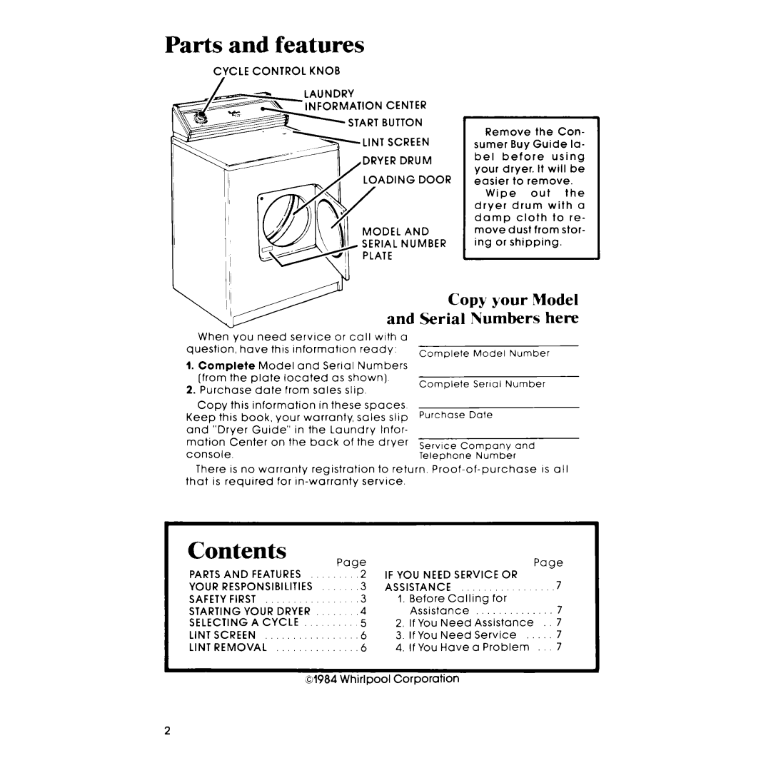 Whirlpool LE3000XM manual Parts and features, Contents 