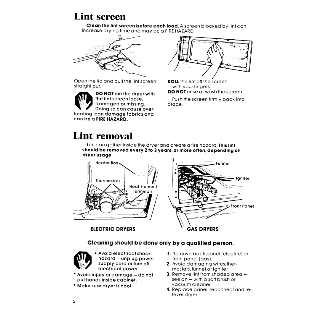 Whirlpool LE3000XM manual Lint screen, Lint removal, Electric Dryers AS Dryers 