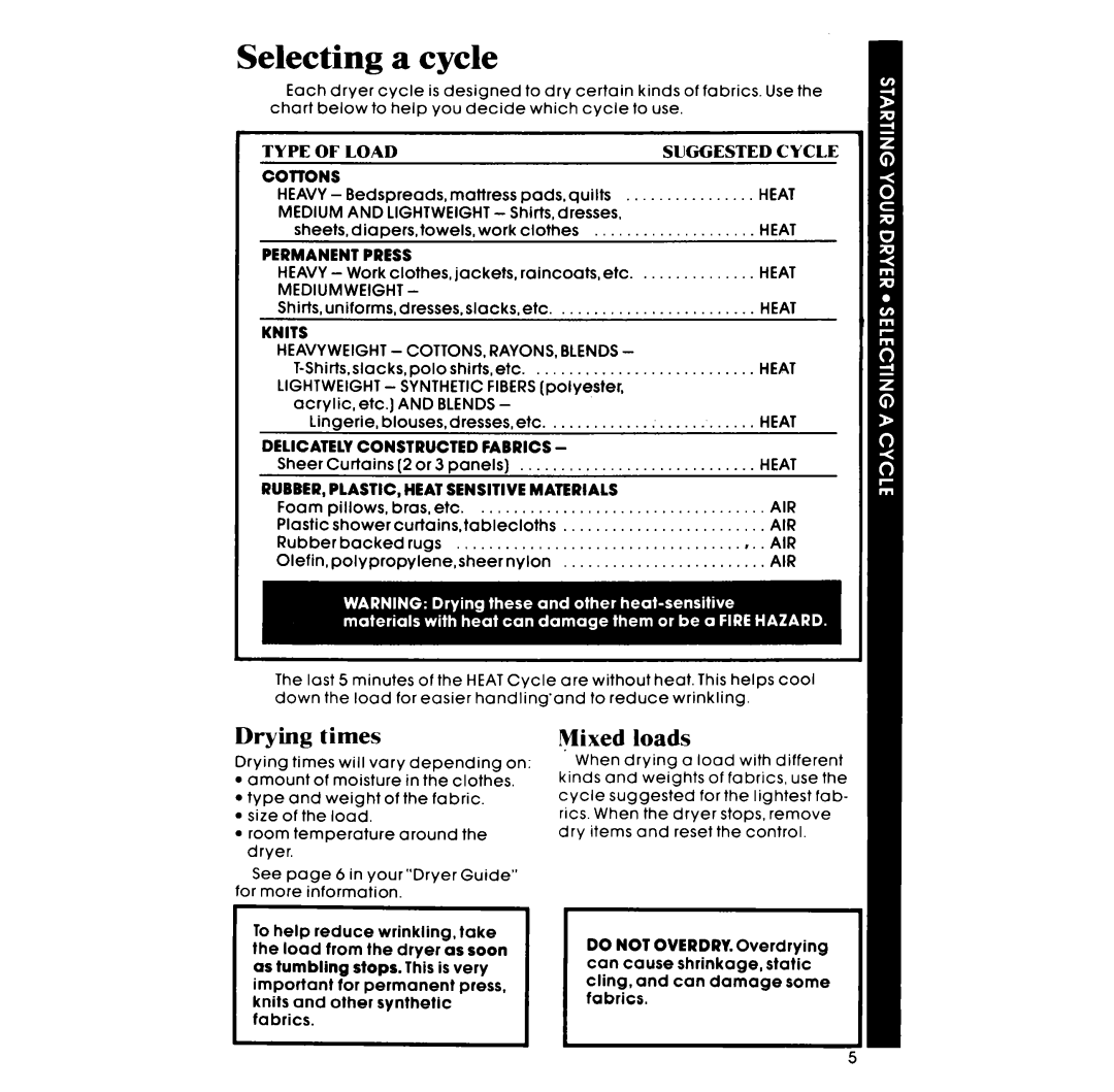 Whirlpool LE3000XP manual Selecting a cycle, Mixed loads 