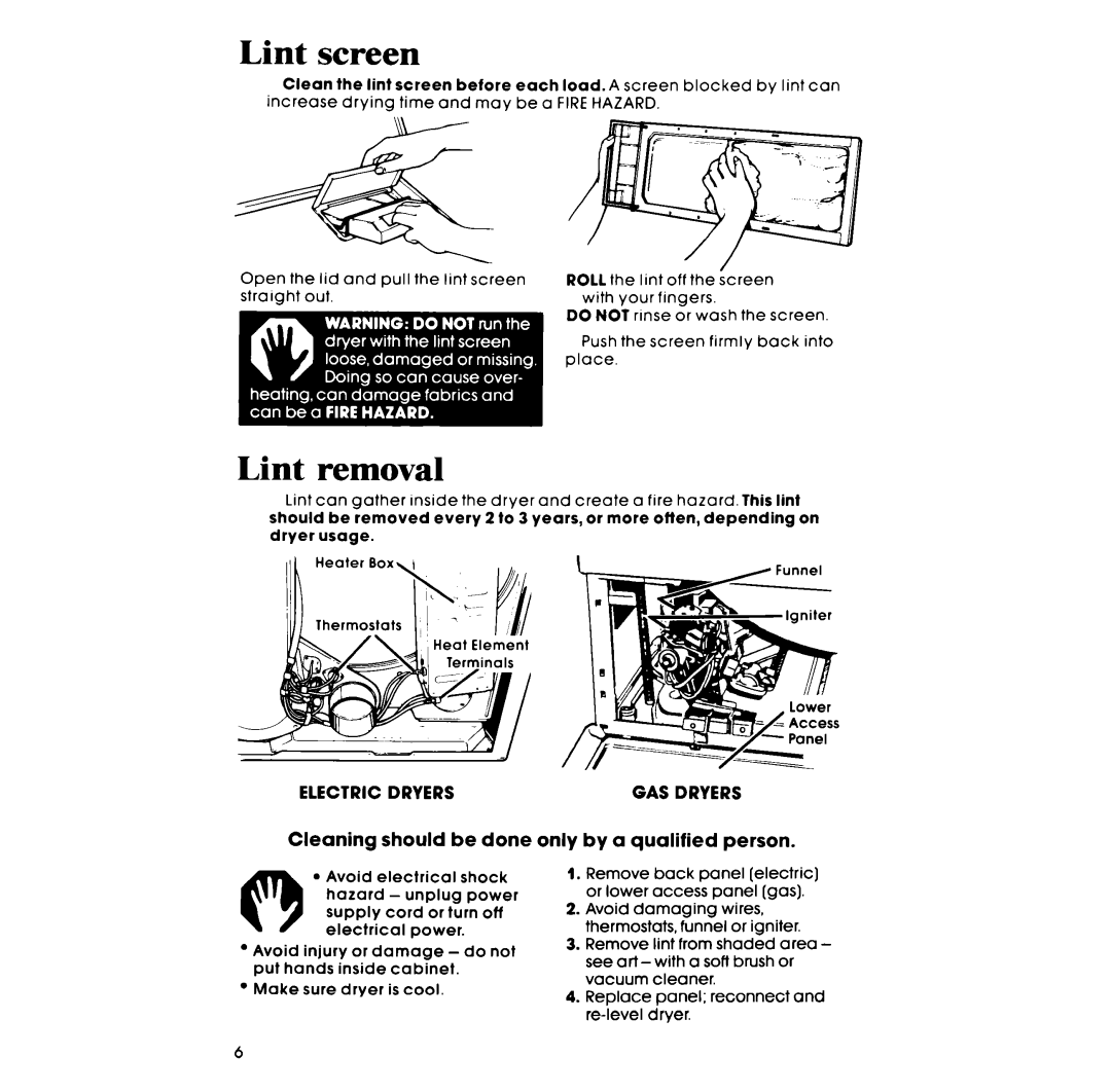 Whirlpool LE3000XP manual Lint screen, Lint removal, GAS Dryers 