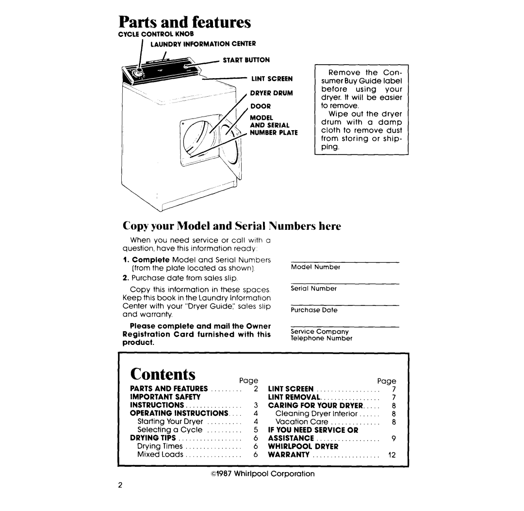 Whirlpool LE3000XS manual Parts and features, Contents 