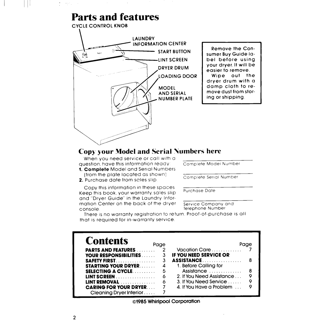 Whirlpool LE3005XP manual Contents 