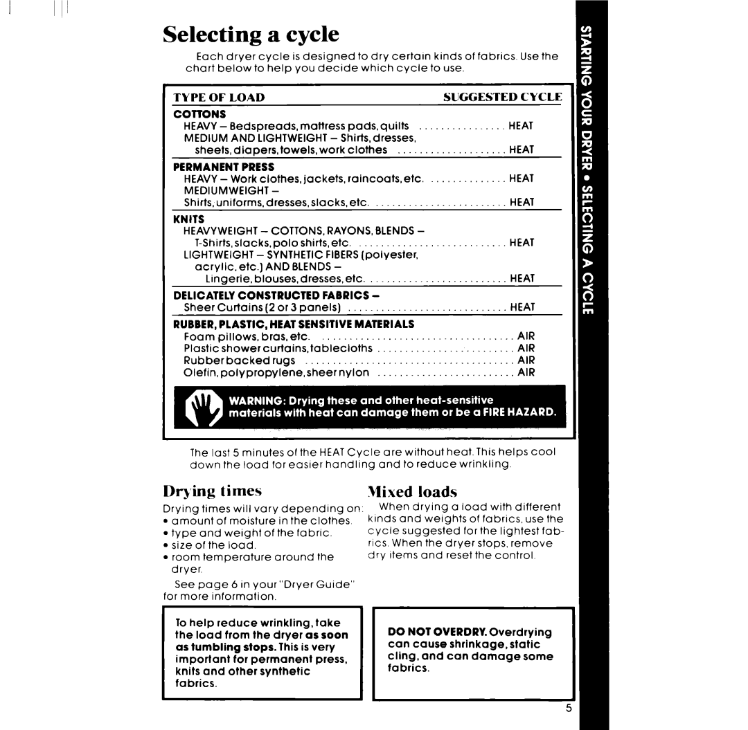 Whirlpool LE3005XP manual Selecting a cycle, Mixed 