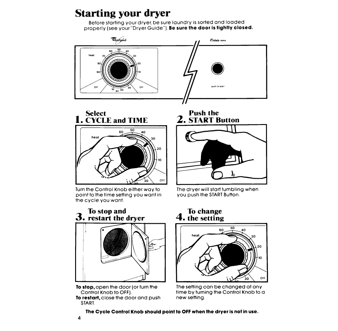 Whirlpool LE3300XP manual Starting your dryer, To stop To change Restart DrverY Setting 