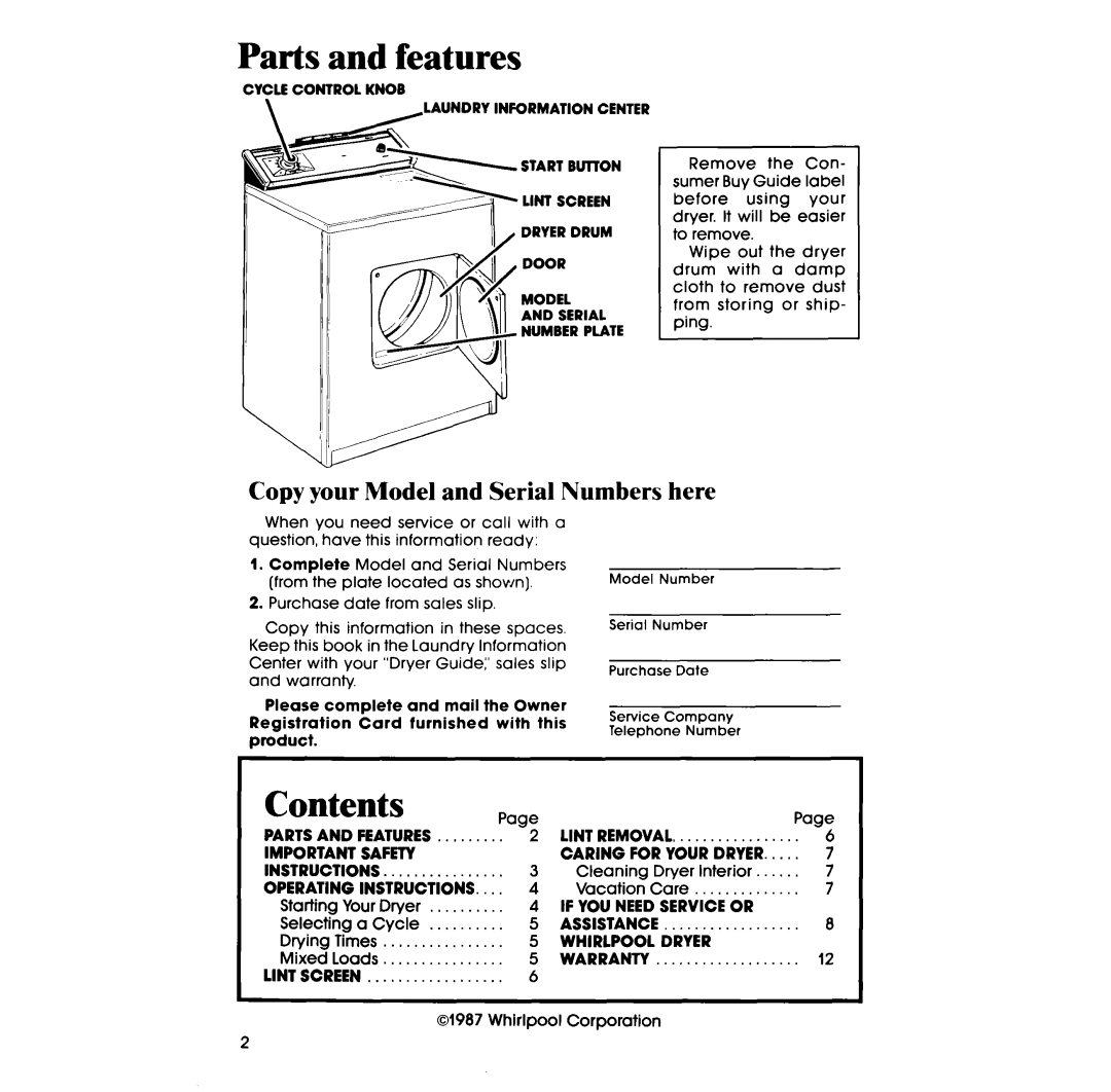 Whirlpool LE3300XS manual Parts and features, Contents 