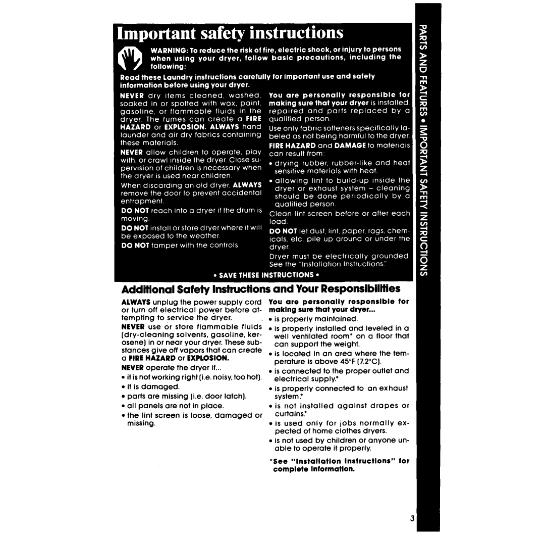 Whirlpool LE3300XS manual Additional Safety lnstruclions, Your Responsibilities 