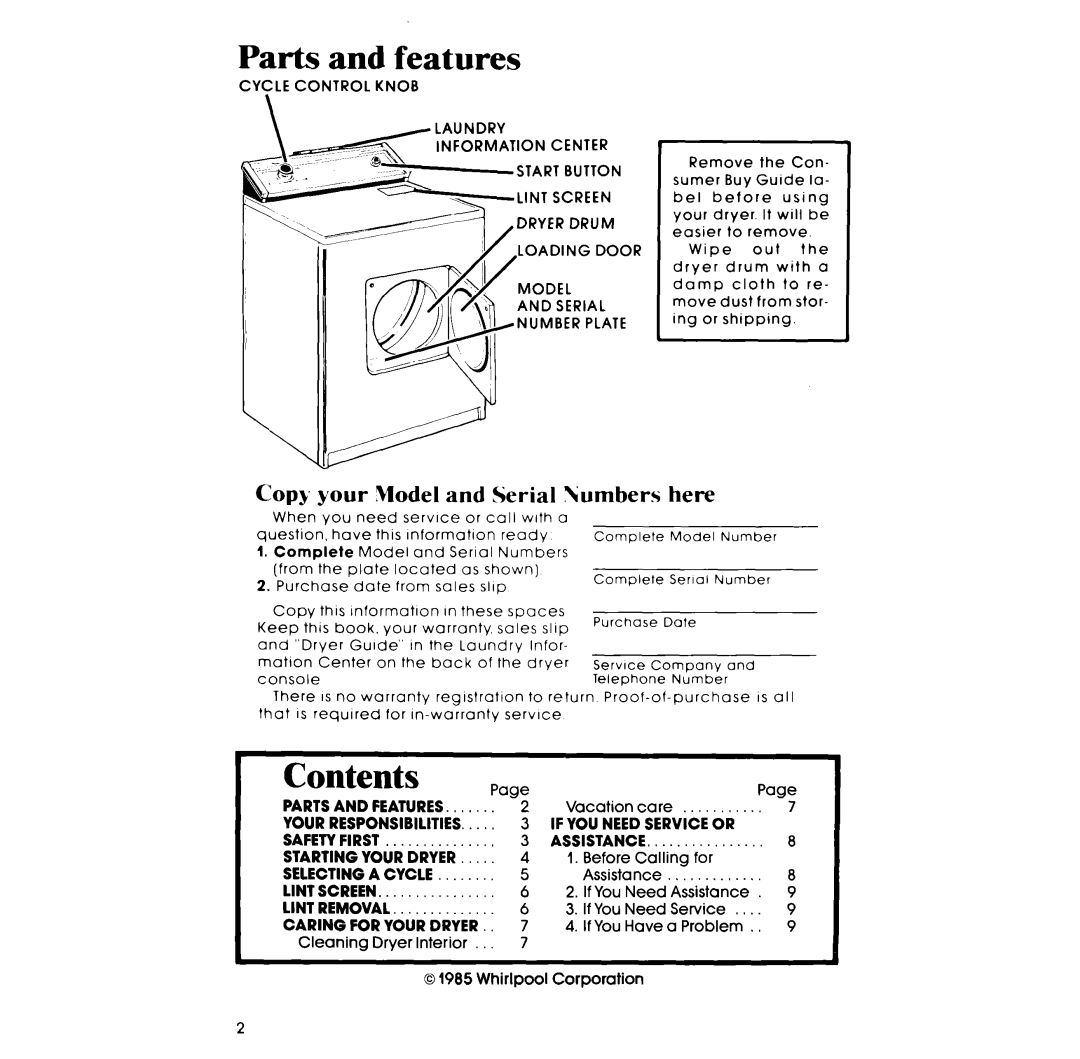 Whirlpool LE3305XP manual Contents 