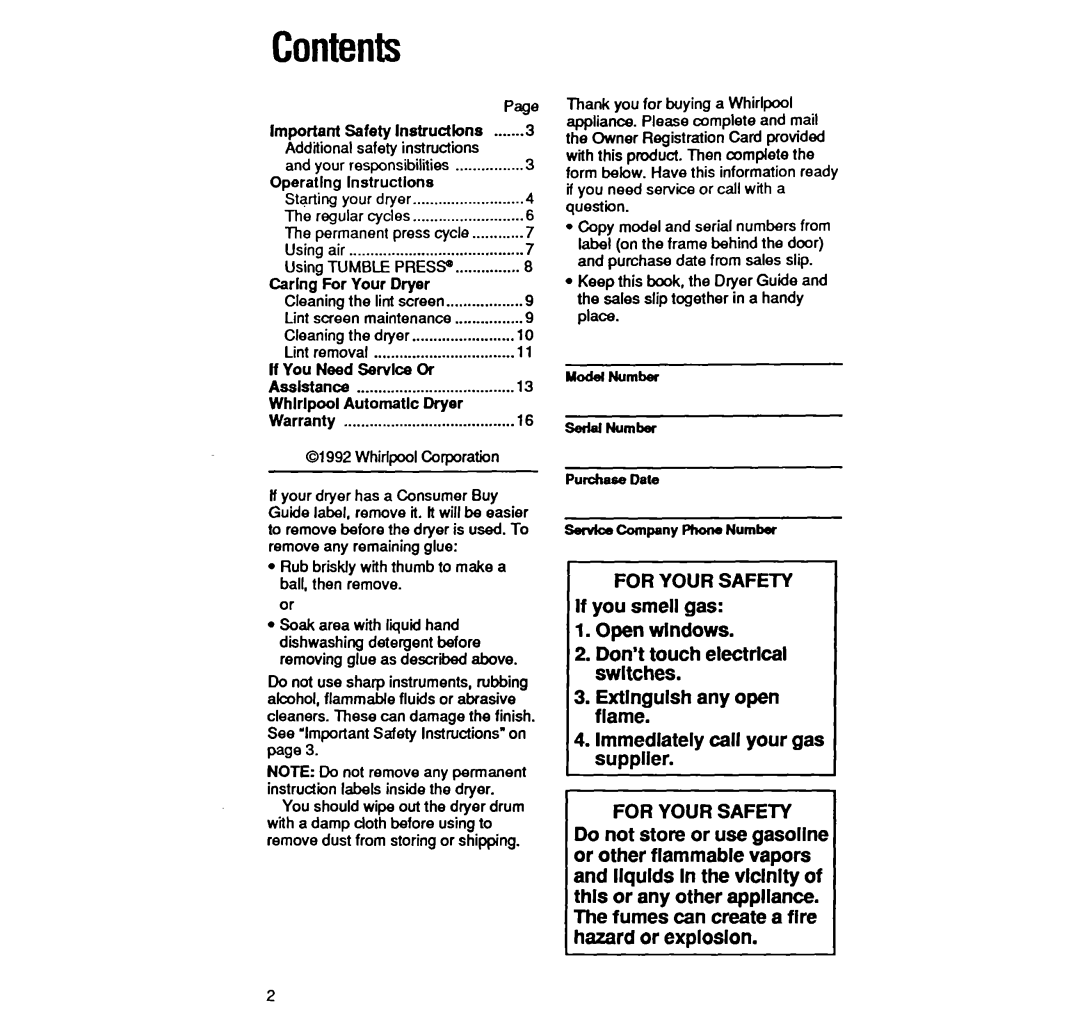 Whirlpool LE4440XW manual Contents 