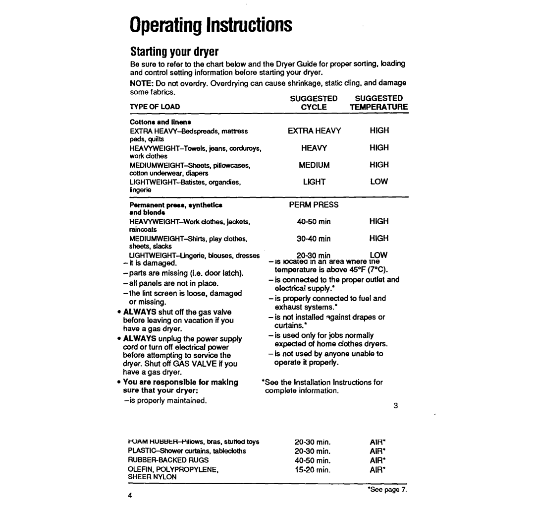 Whirlpool LE4440XW manual OperatingInstructions, Startingyourdryer 