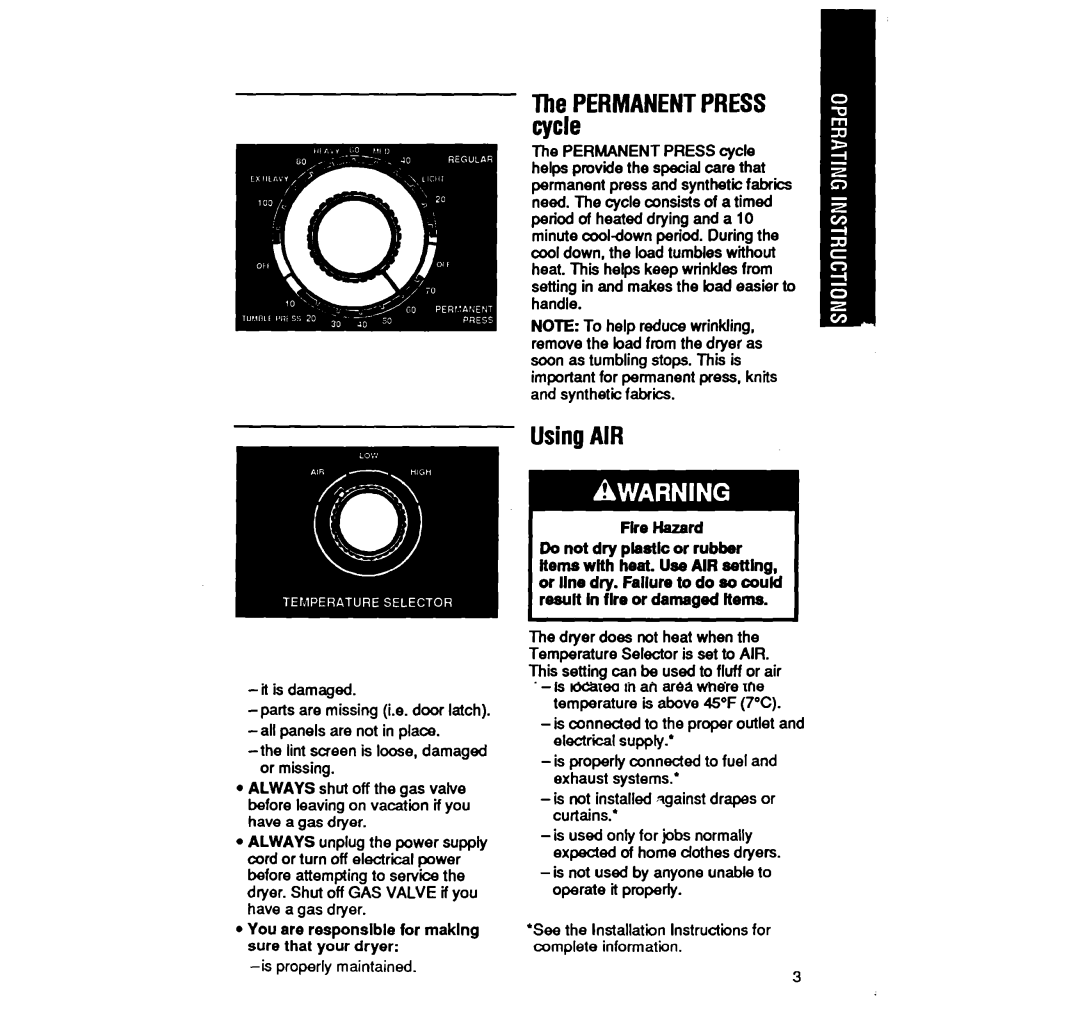 Whirlpool LE4440XW manual $ERMANENT Press, UsingAIR, Flre Hazard 