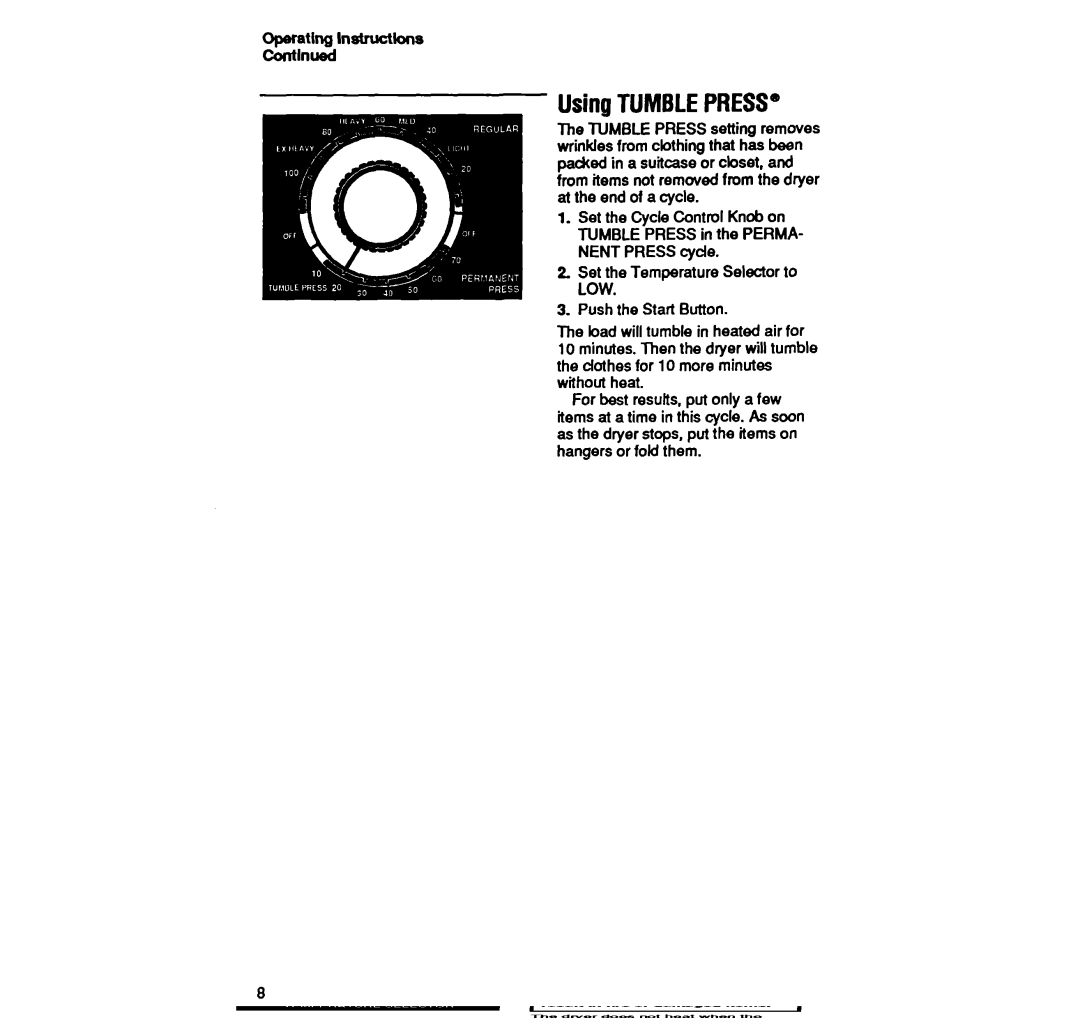 Whirlpool LE4440XW manual UsingTUMBLEPRESS, Operating lnstructlons Contlnud 