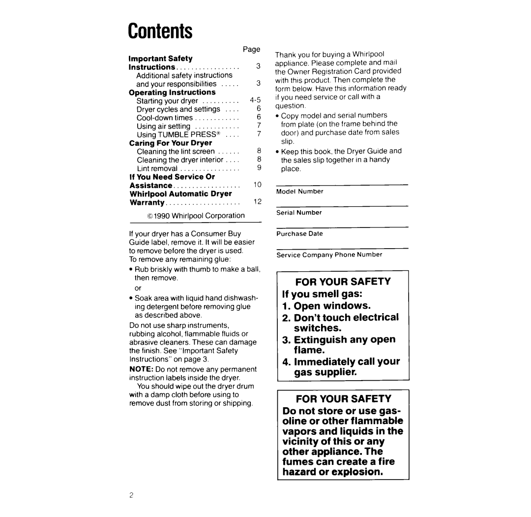 Whirlpool LE444UXW manual Contents 