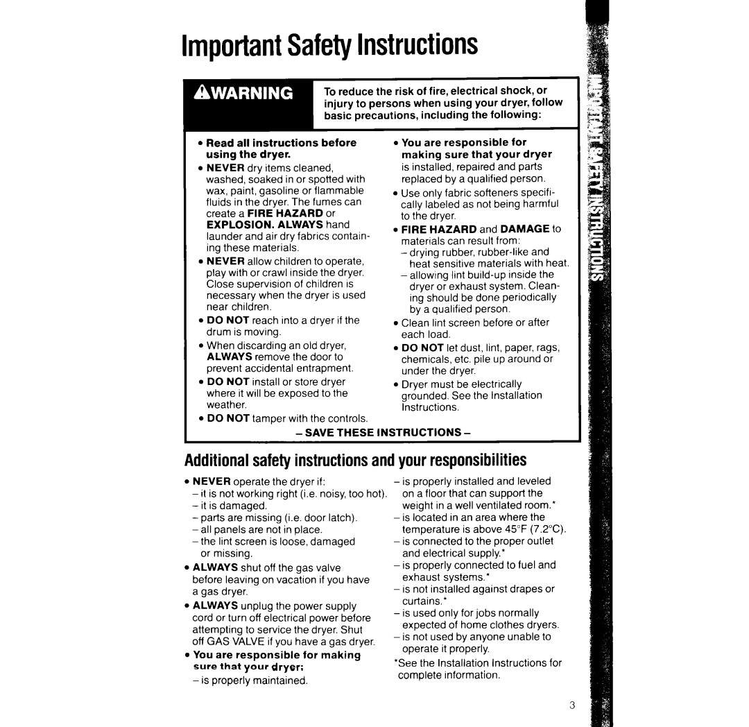 Whirlpool LE444UXW manual ImportantSafetyInstructions, Additionalsafetyinstructionsandyourresponsibilities, Save These 