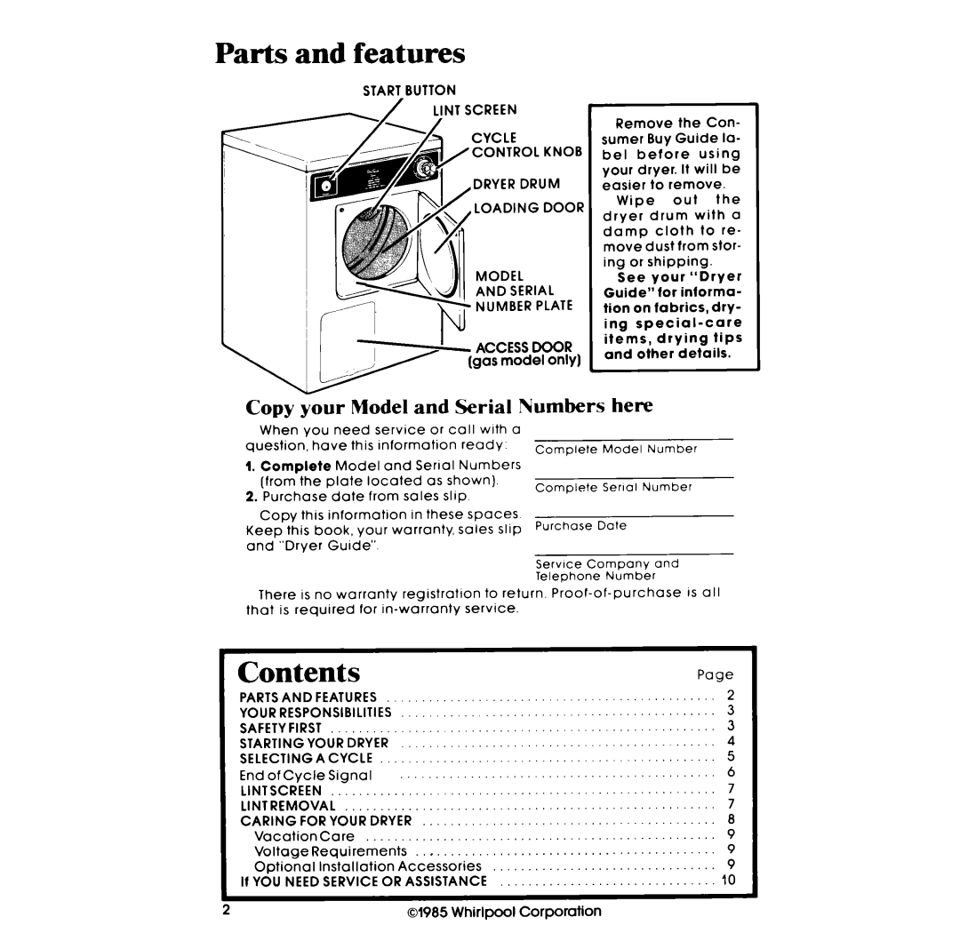 Whirlpool LE4900XM manual Parts and features, Contents 