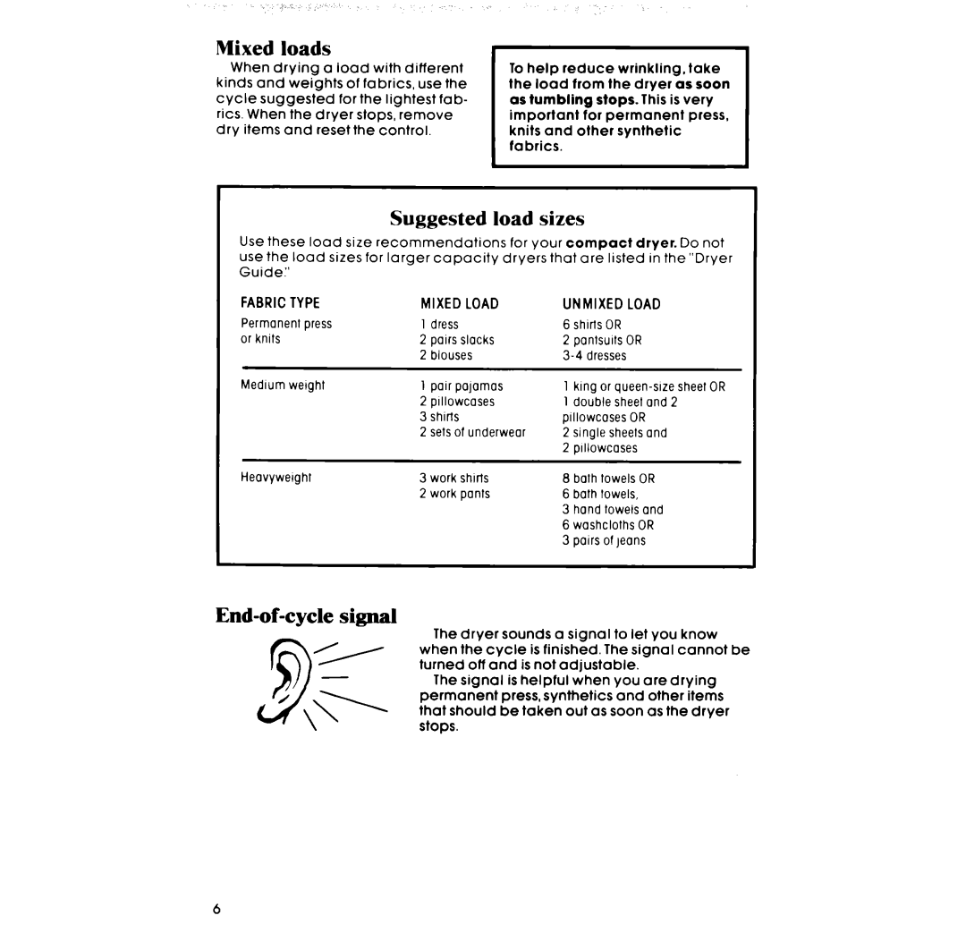 Whirlpool LE4900XM manual Suggested load sizes, End-of-cycle signal, Fabric Type Mixed Load, Unmixed Load 