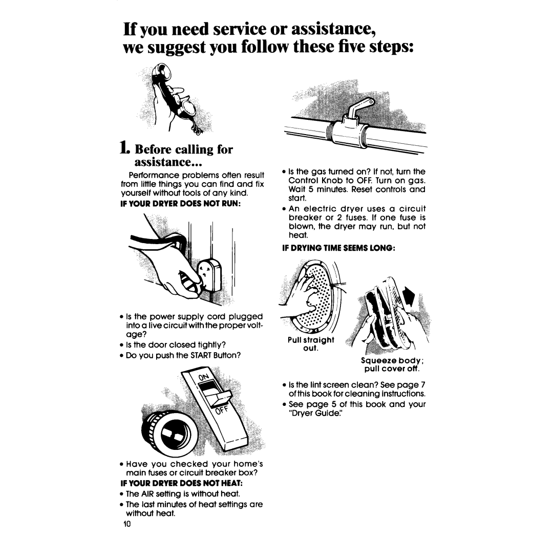 Whirlpool LE4930XS manual Before calling for Assistance, If Your Dryer does not RUN, If Drying Time Seems Long 