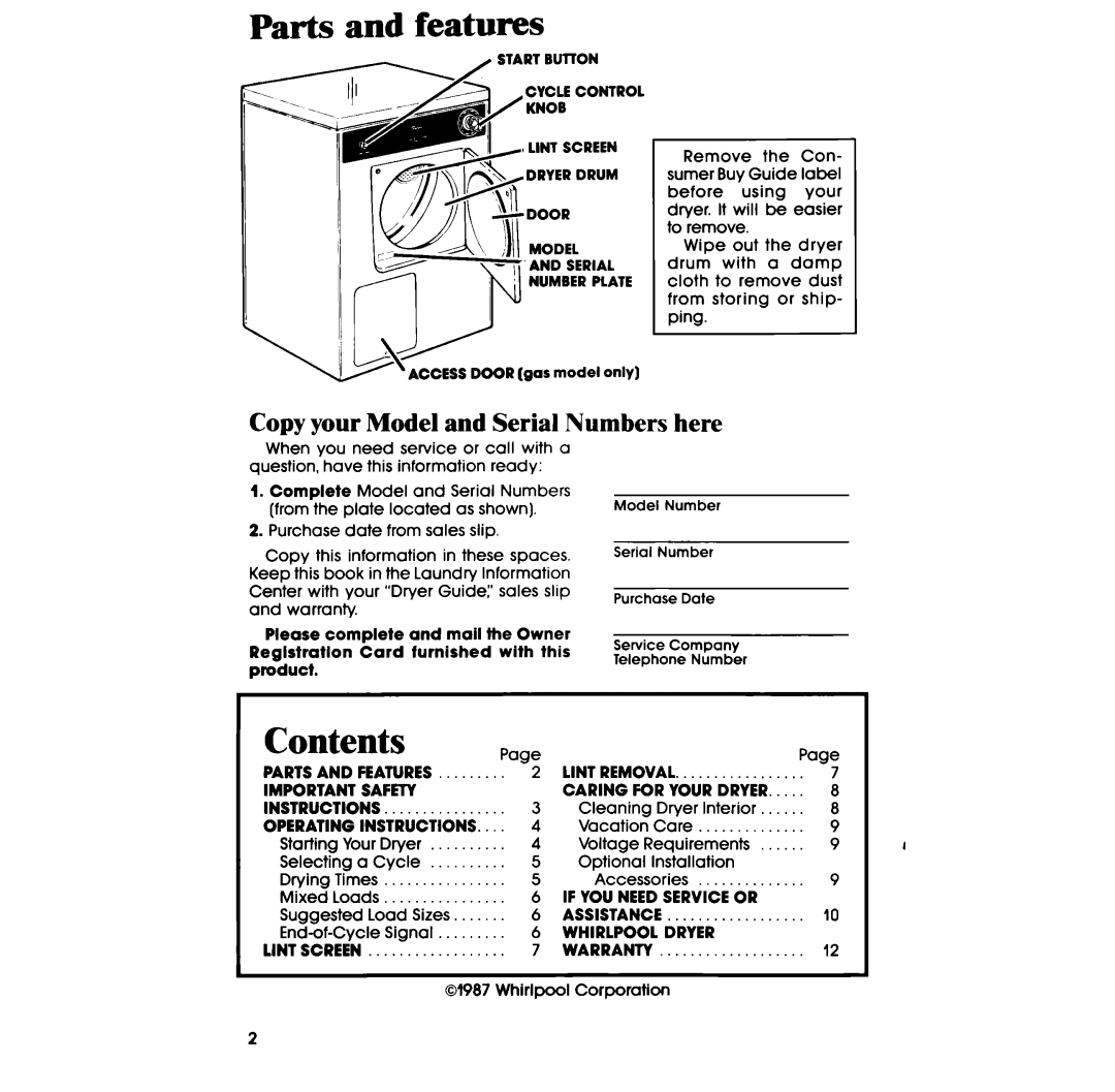 Whirlpool LE4900XS, LE4930XS, LG4931XS manual Parts and features 