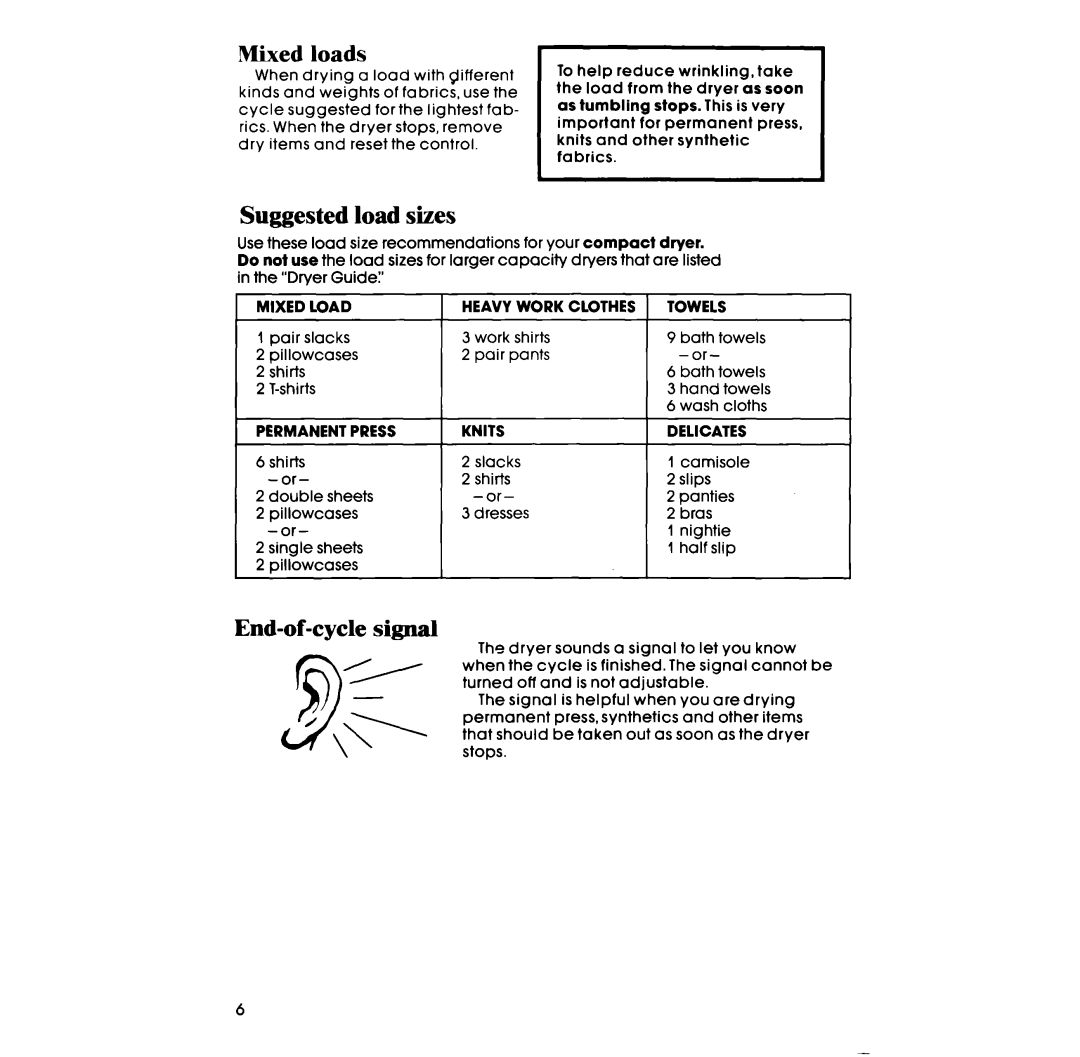 Whirlpool LE4900XS, LE4930XS, LG4931XS manual Load Sizes, End-of-cycle signal, Mixed loads, Suggested 