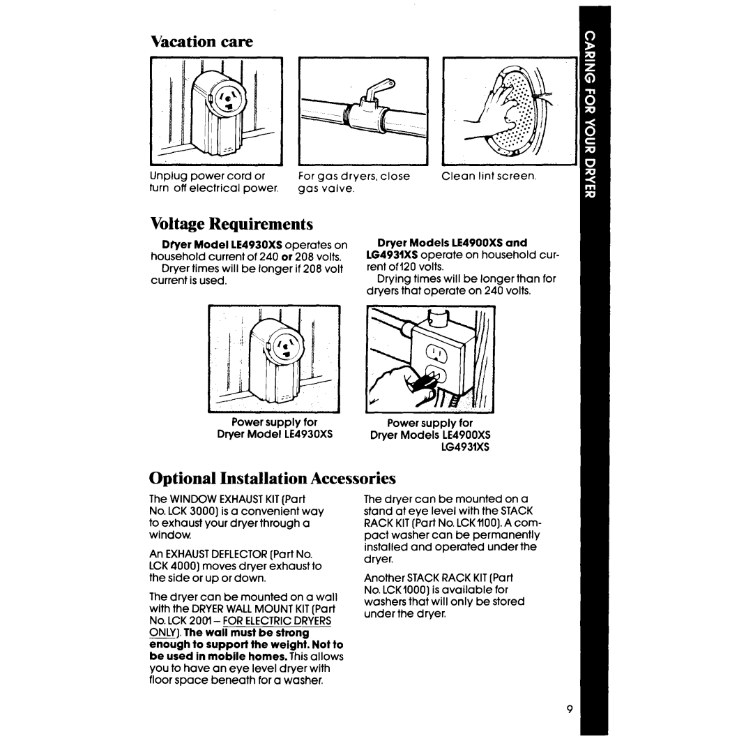 Whirlpool LE4900XS, LE4930XS, LG4931XS manual Voltage Requirements, Optional Installation Accessories 