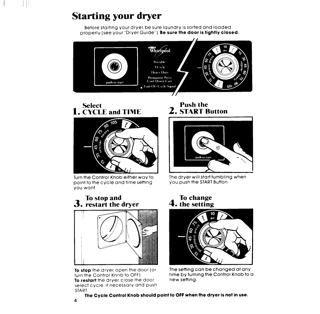 Whirlpool LE4905XM manual Starting your dryer, E and Time, To stop, Restart Dryer Setting 