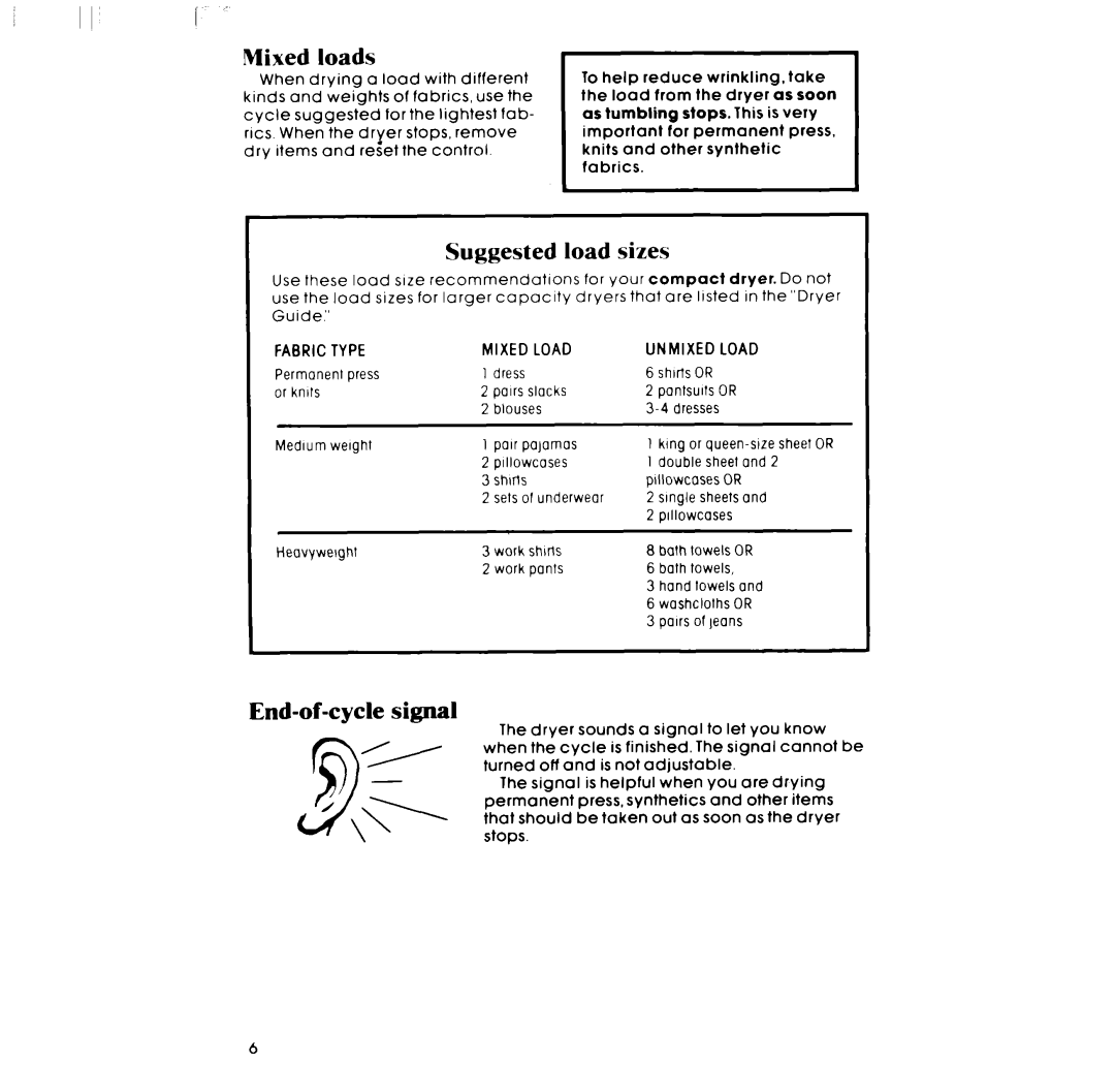 Whirlpool LE4905XM manual Mixed Loads, Suggested load sizes, End-of-cycle signal 