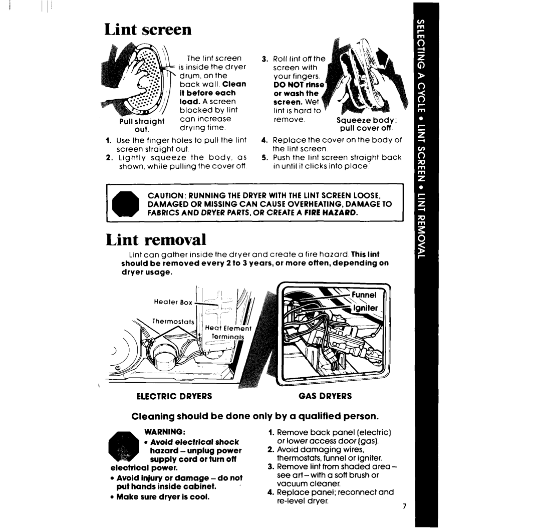 Whirlpool LE4905XM manual Lint screen, Lint removal, Lint Screen Is inside, Back Wall, It betore Each Toad 