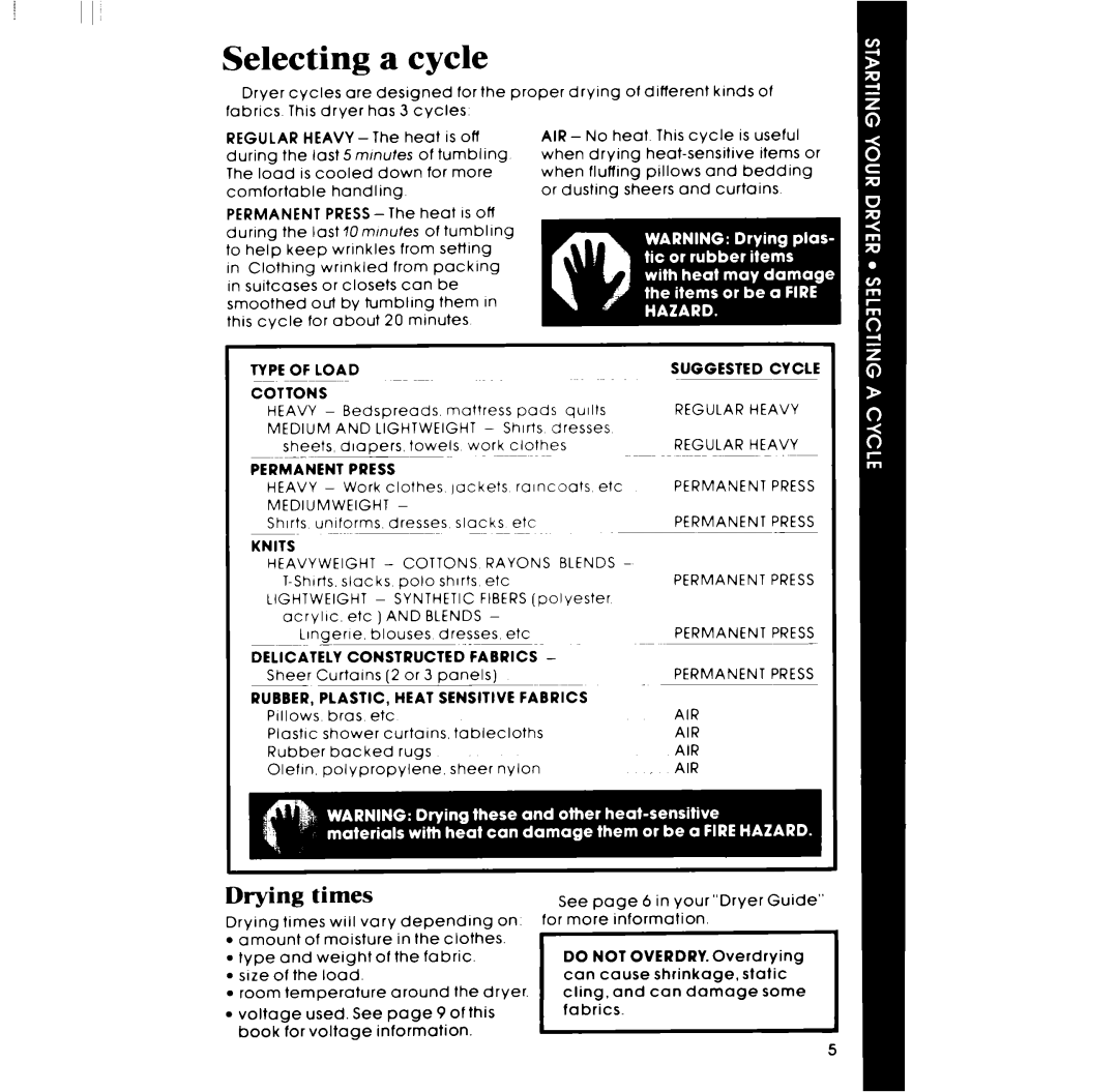 Whirlpool LE4905XM manual Selecting a cycle, Drying, times 