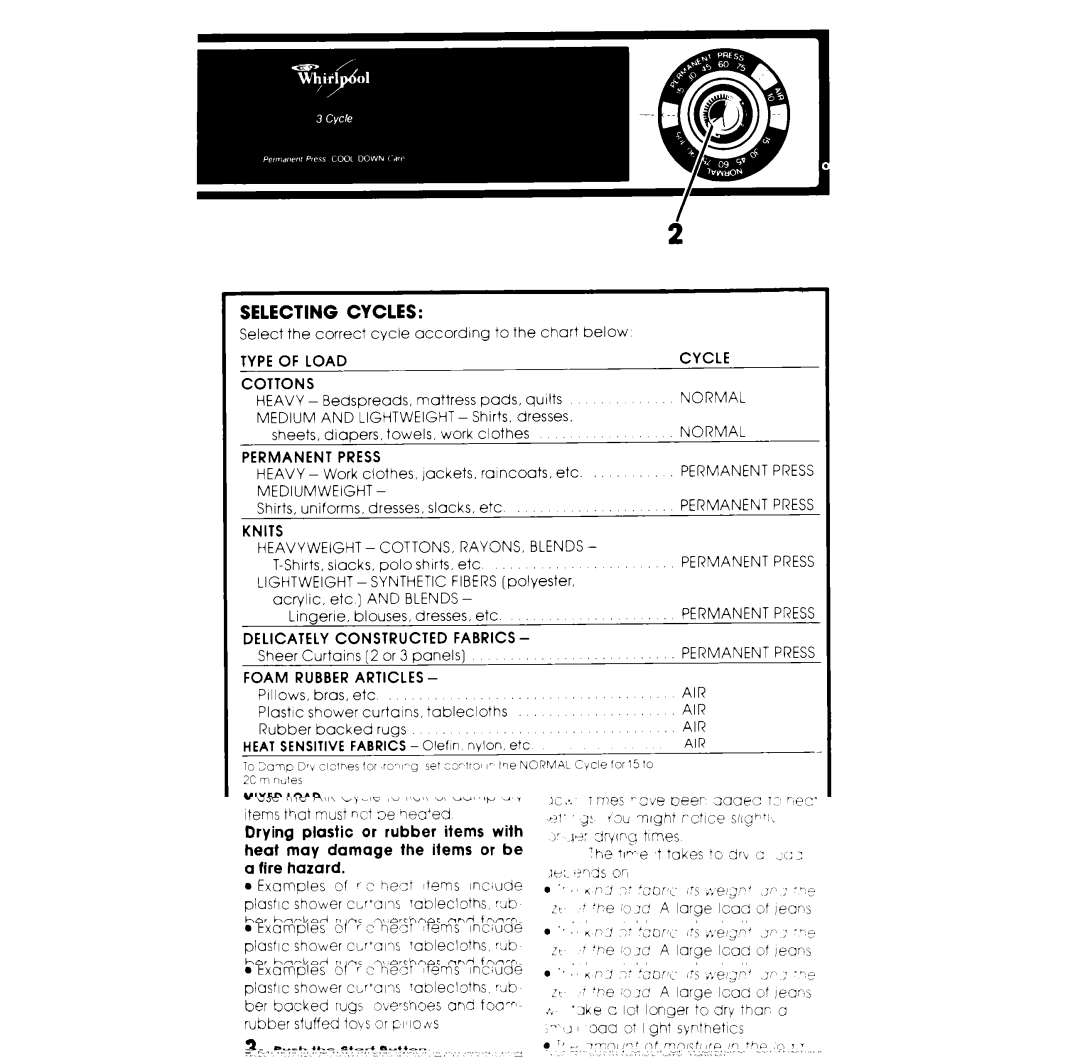 Whirlpool LE4930XK Type of Load, Cottons, Permanent Press, Knits, Delicately Constructed Fabrics, Foam Rubber Articles 