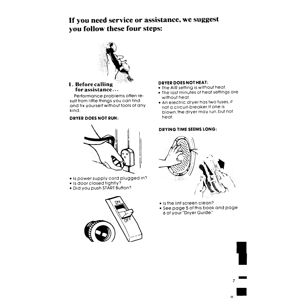 Whirlpool LE4930XM manual Before calling For assistance, Dryer does not RUN Dryer does not Heat, Drying Time Seems Long 