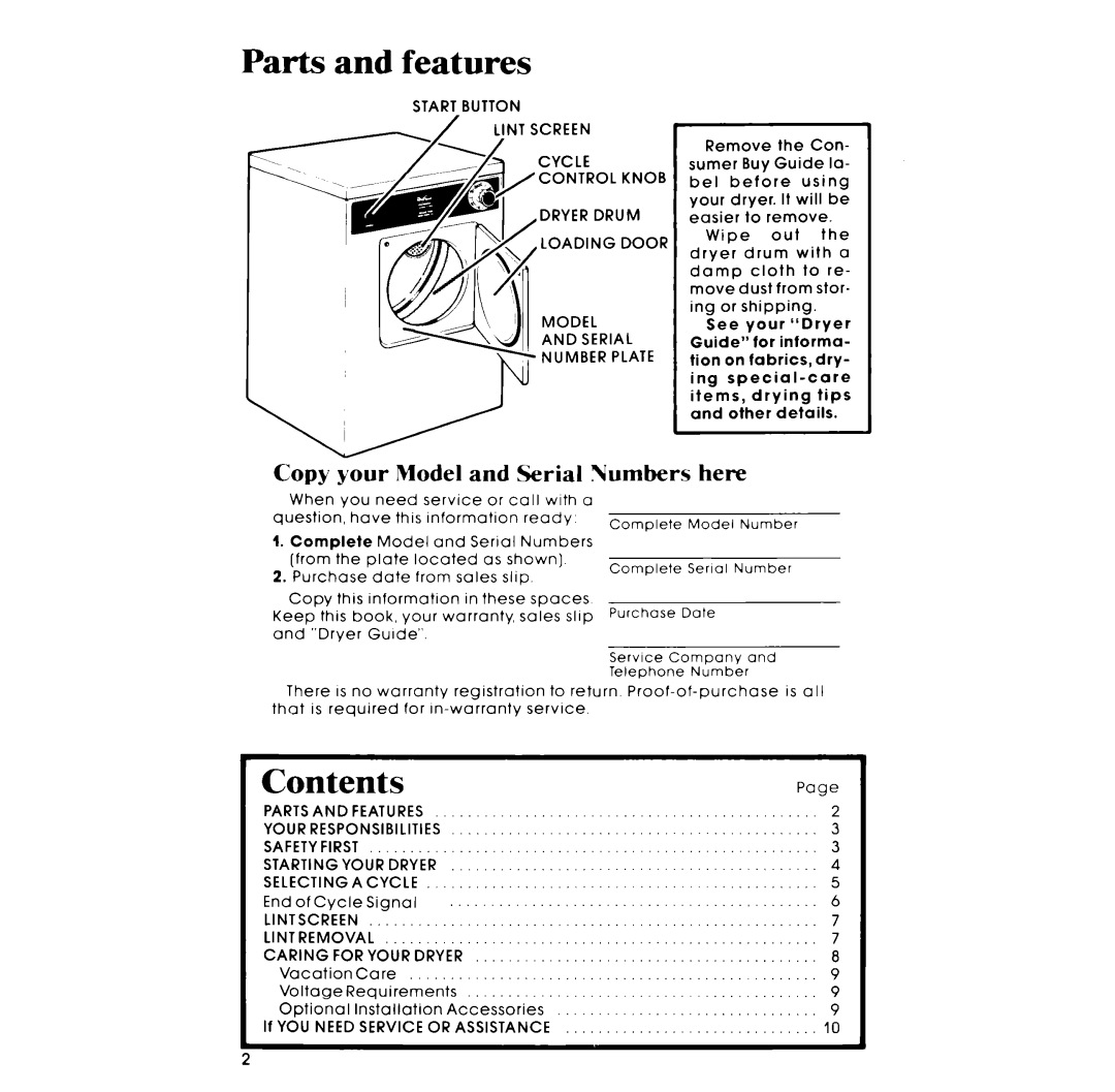 Whirlpool LE4930XM manual Parts and features, Contents 