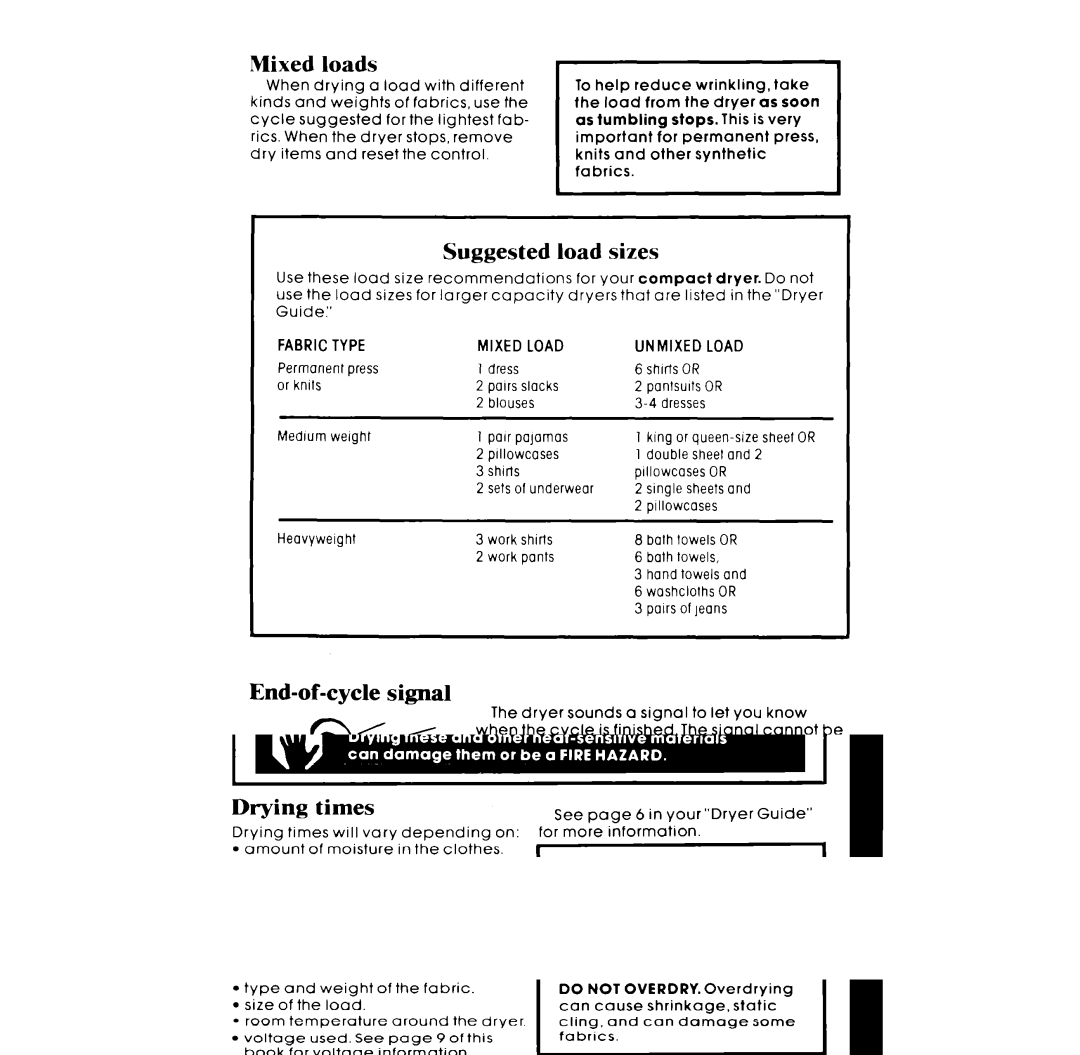 Whirlpool LE4930XM manual Mixed loads, Suggested load sizes, End-of-cycle signal, Fabric Type Mixed Load Unmixed Load 