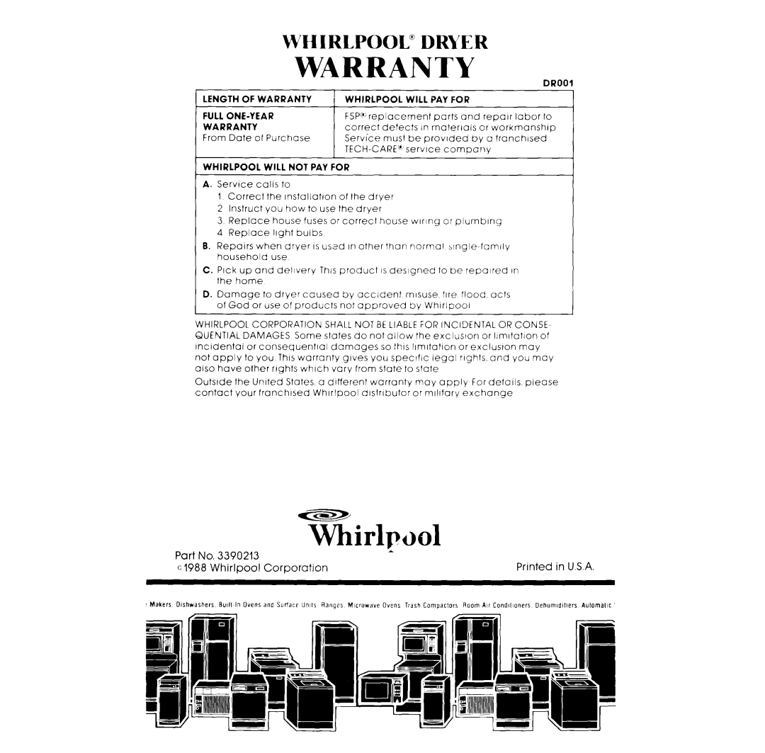 Whirlpool LE4930XT, LE4900XT manual Warranty 