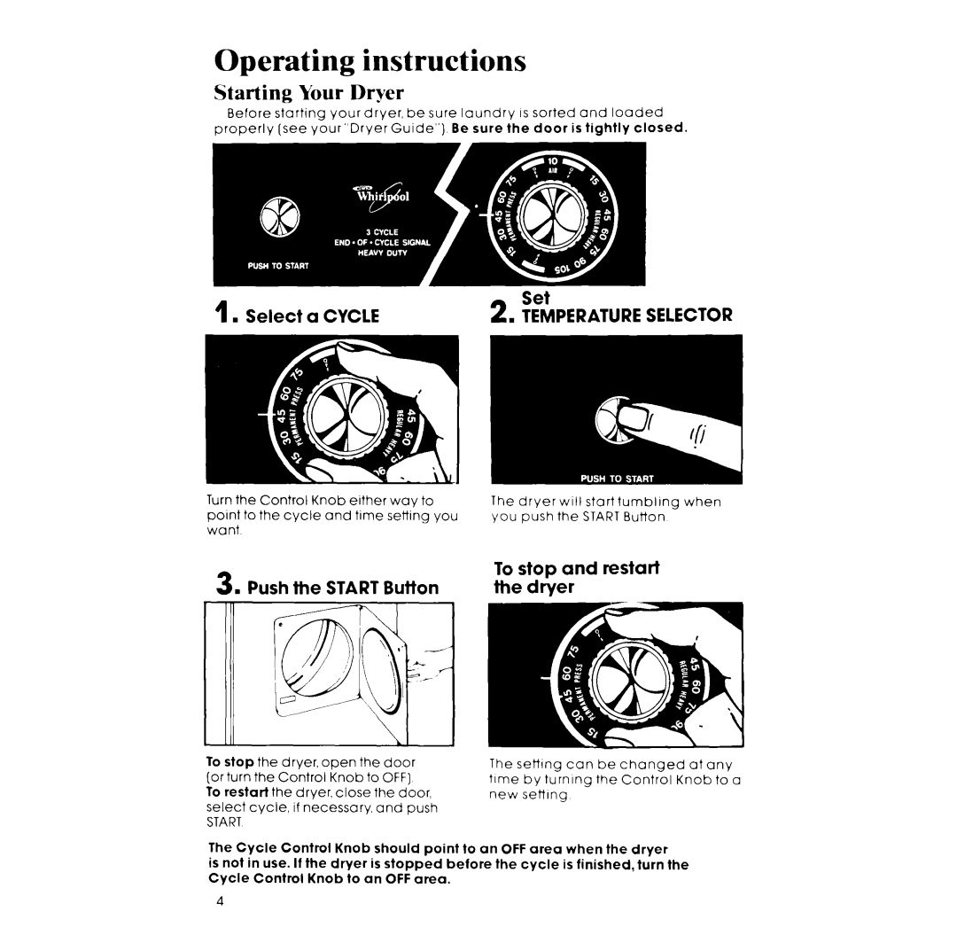 Whirlpool LE4930XT, LE4900XT manual Starting Your Dryer, Select a Cycle Set, Push Start Button, Restart 
