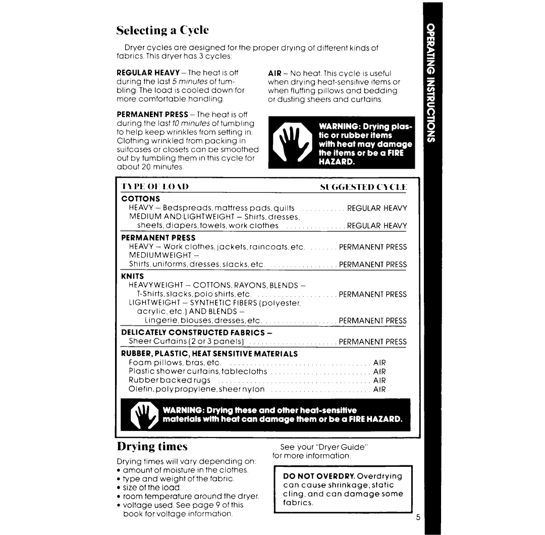 Whirlpool LE4900XT, LE4930XT manual Selecting a Cycle, Drying times 