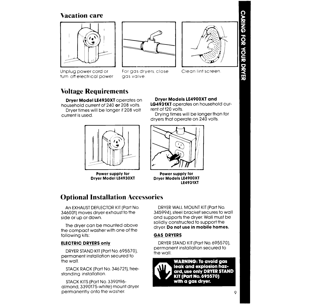 Whirlpool LE4900XT, LE4930XT manual Kxation care, Voltage Requirements, Optional Installation Accessories, GAS Dryers 