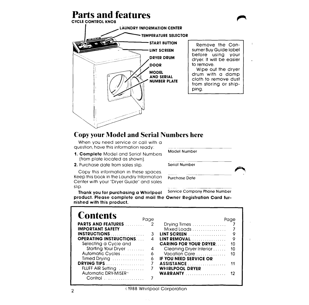 Whirlpool LE5200XT manual Parts and features, Contents 