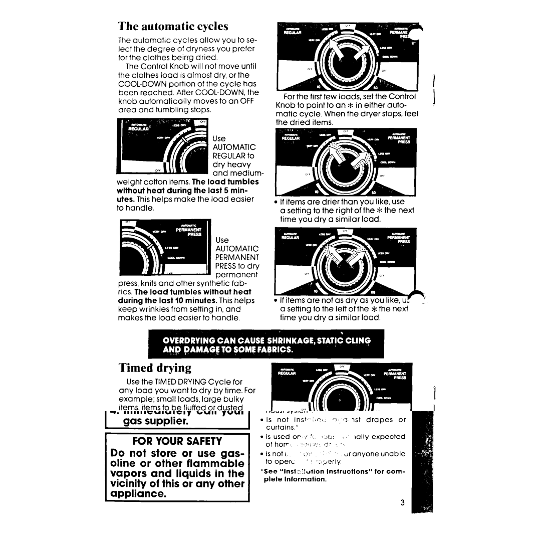 Whirlpool LE5200XT manual Automatic cycles, Timed drying 