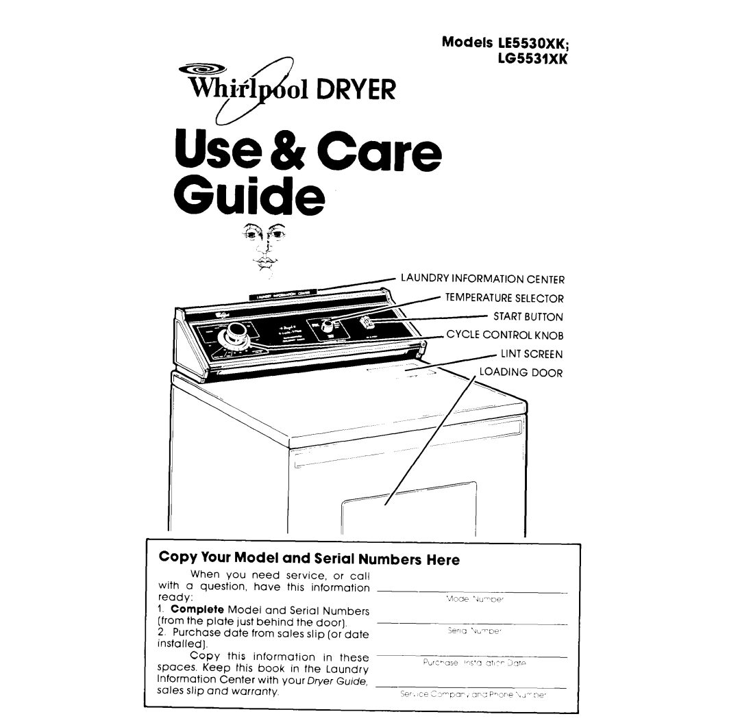 Whirlpool LE5530XK warranty Laundry Information Center, Serial Numbers From the plate Just, Temperature Selector 