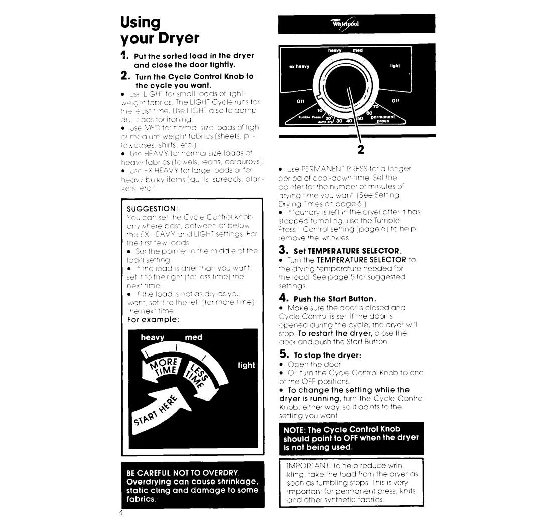 Whirlpool LE5530XK warranty Using Your Dryer, Suggestion 