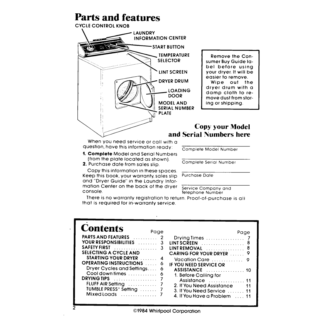 Whirlpool LE5530XM manual Parts and features, Contents 