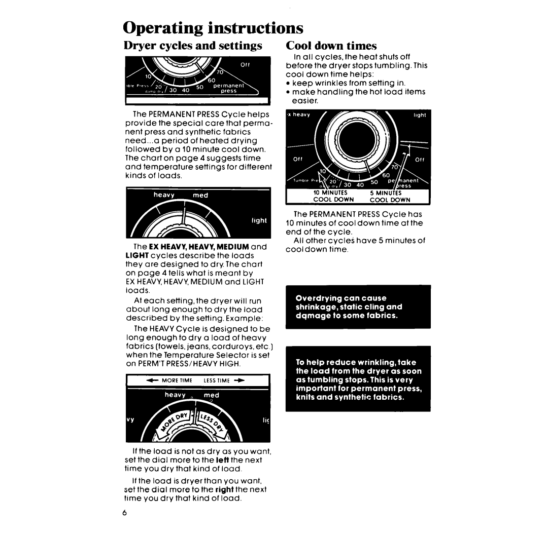 Whirlpool LE5530XM manual Operating instructions, Dryer cycles and settings Cool down times 