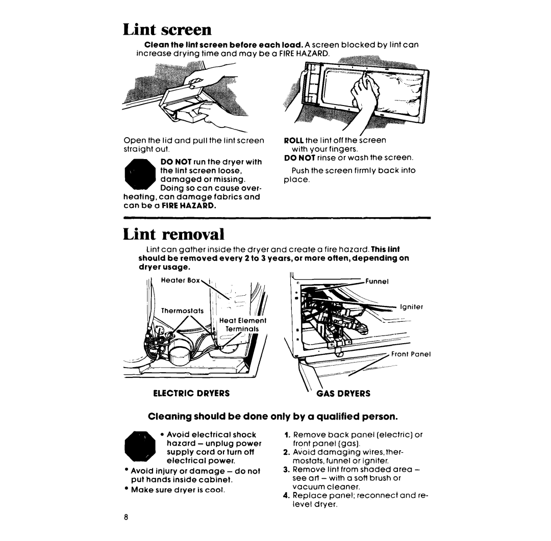 Whirlpool LE5530XM manual Lint screen, Lint removal 