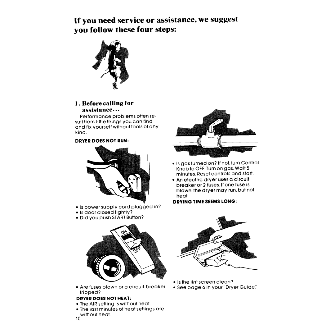 Whirlpool LE5530XP manual Before calling for assistance, Dryer does not RUN, Drying Time Seems Long, Dryer does not Heat 