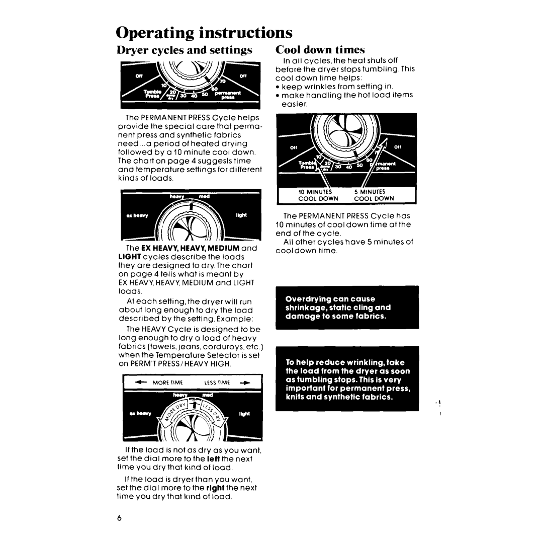 Whirlpool LE5530XP manual Operating instructions, Dryer cycles and settings Cool down times 