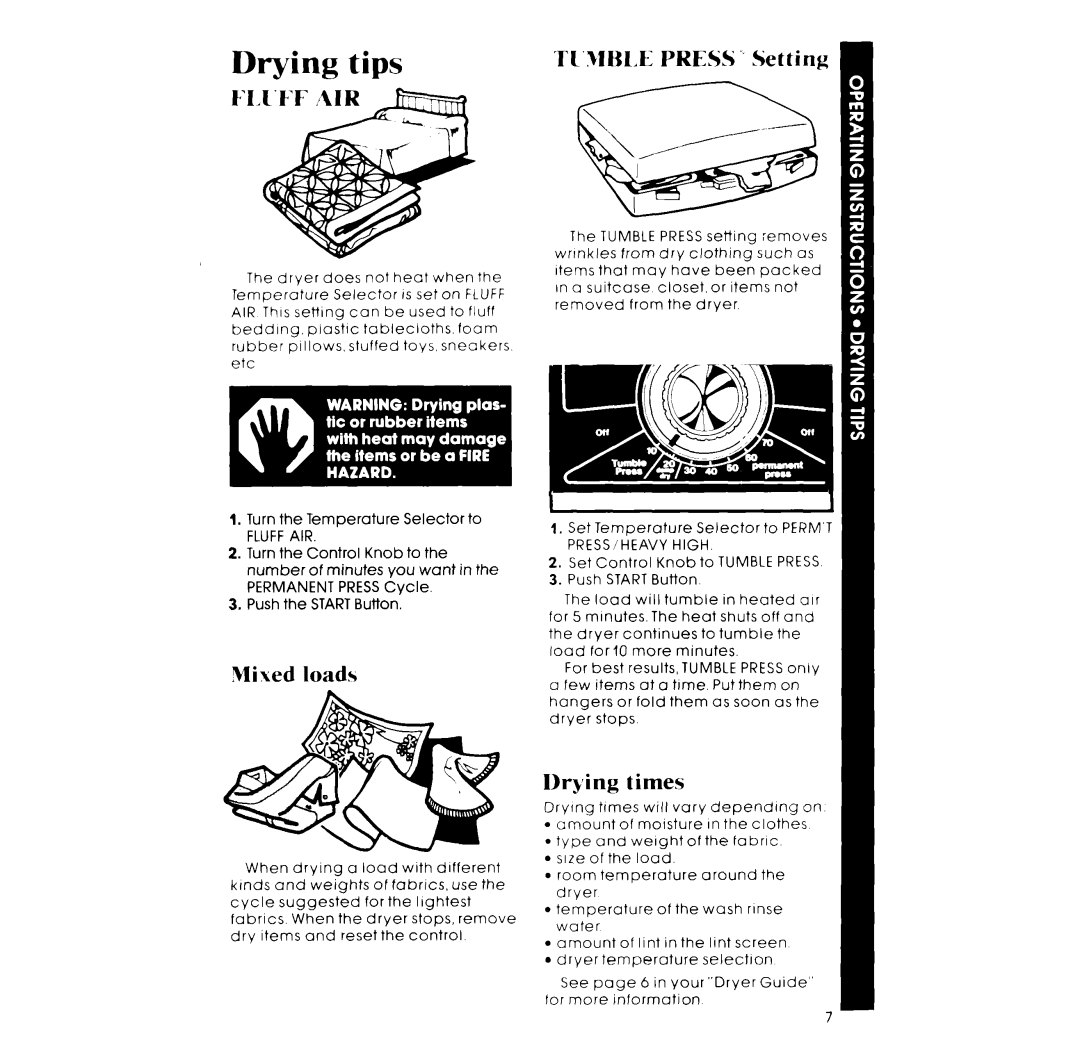 Whirlpool LE5530XP manual tips, Drying, TI’MBLE PRESS .,Setting, Fli.Ff, Mi sed loads, times 