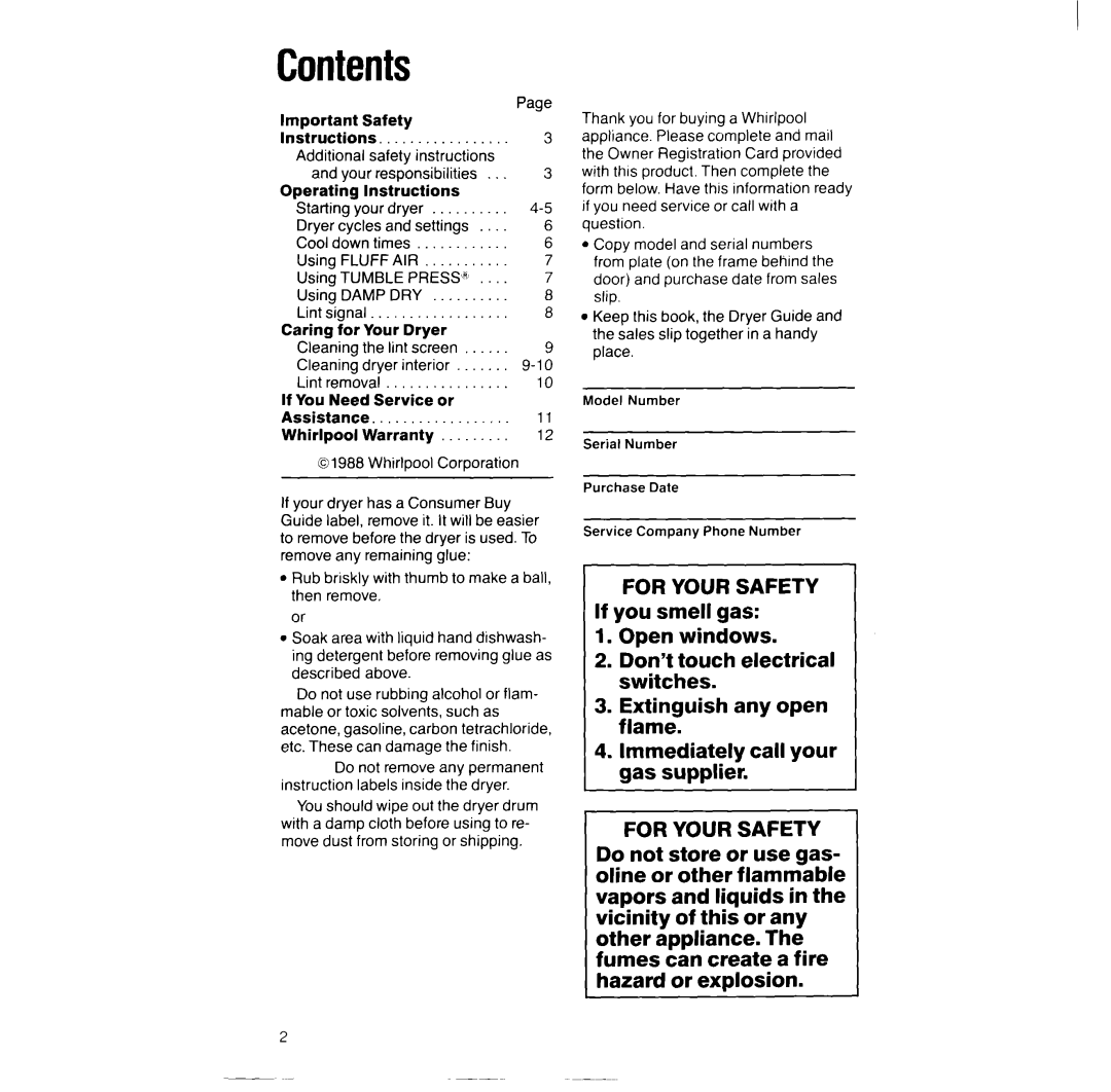 Whirlpool LE5530XS, LE5320XT manual Contents 