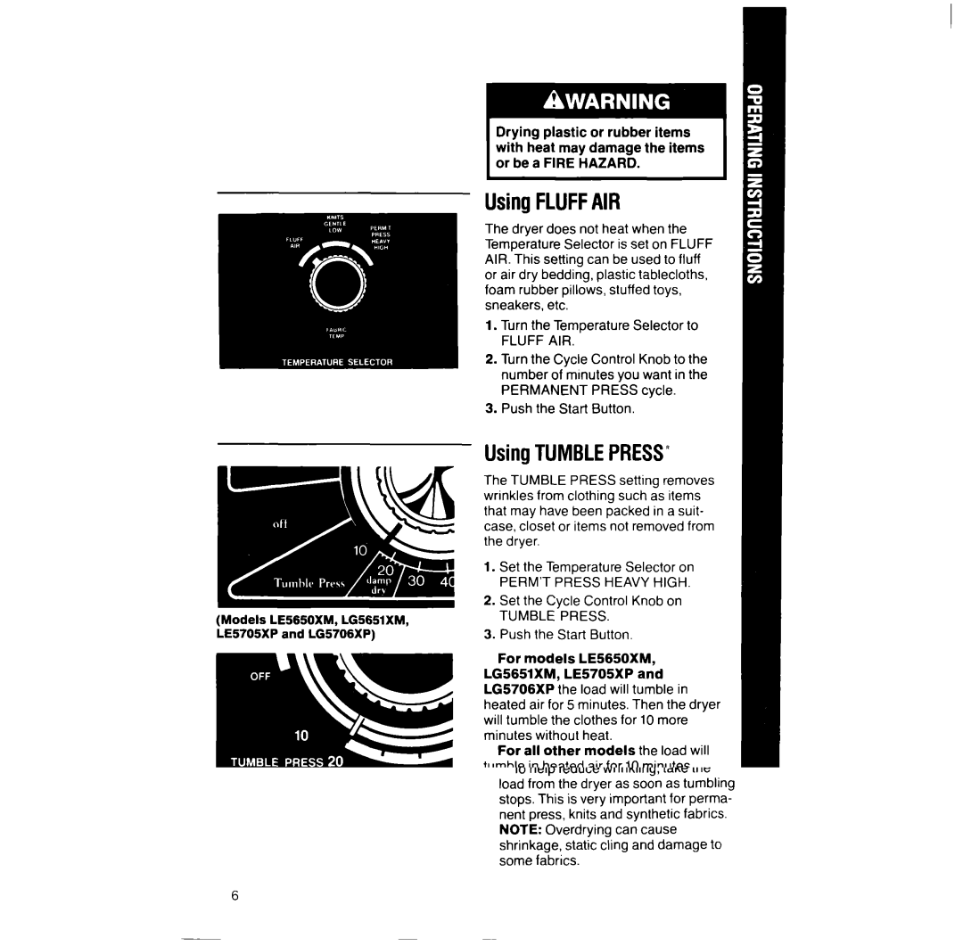 Whirlpool LE5320XT, LE5530XS manual Using Fluffair, UsingTUMBLEPRESS, Fluff AIR, PERM’T Press Heavy High, Tumble Press 